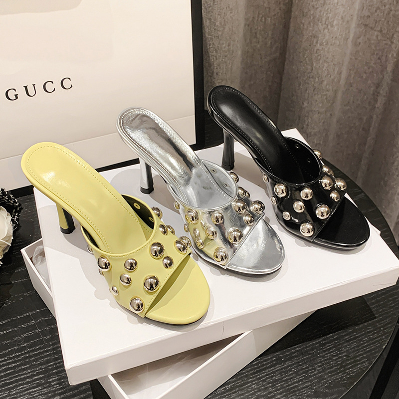Customized Foreign Trade Spring New Style Women's Shoes with Willow Studs Fashion Silver Inlay Solid Color Leather High Heel Sandals
