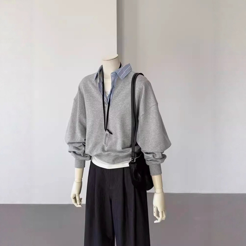 Fake Two-Piece Polo Collar Gray Sweatshirt for Women 2025 New Korean Style Early Autumn Design Niche High-End Top