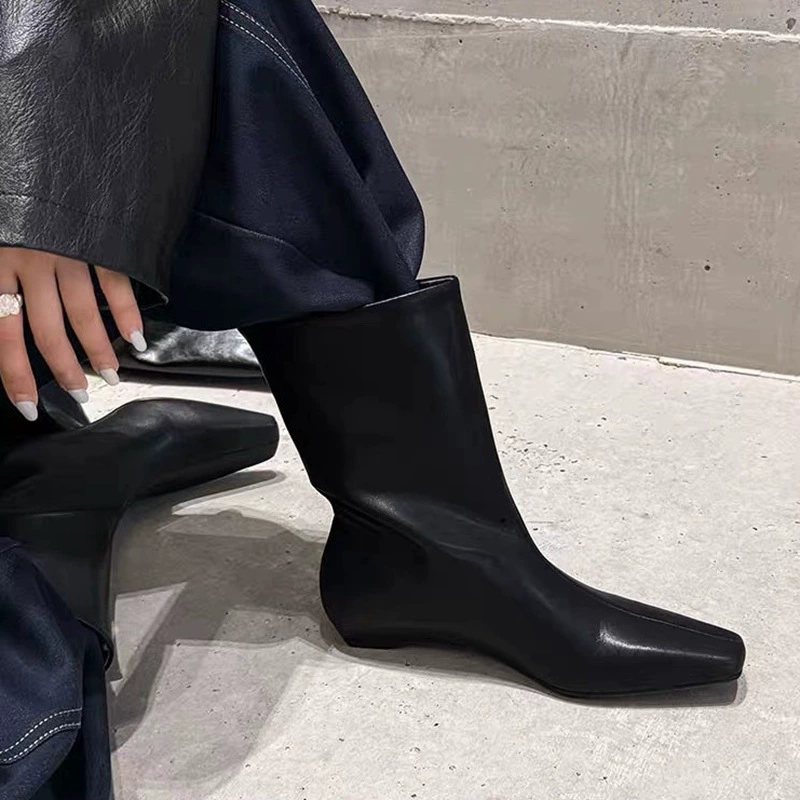  Mid-Calf Low Boots, Korean Style, Square Toe, Black, Sizes 35–40