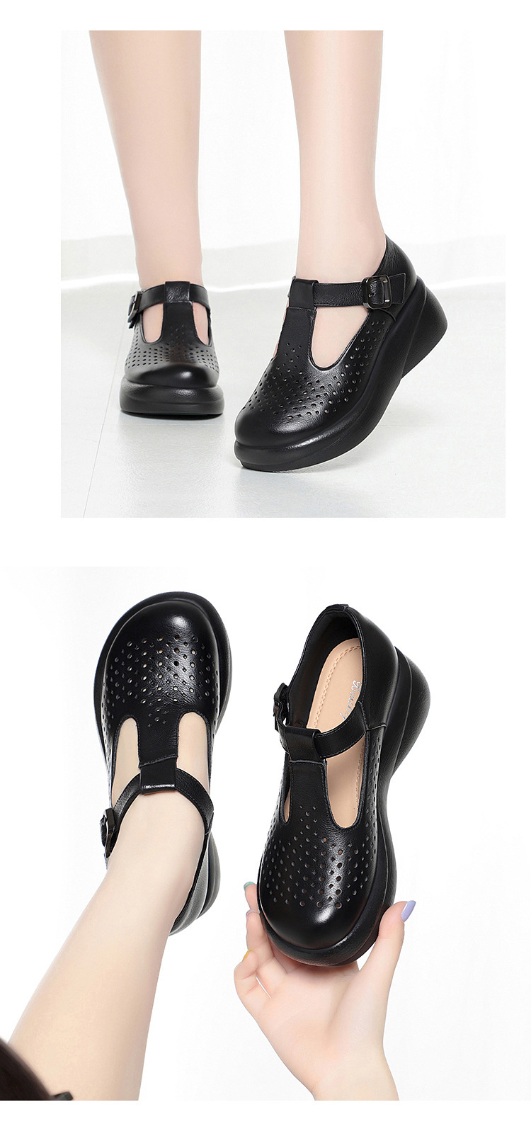 Sandal nữ đế dày gót thô da thật quai dán mũi tròn phong cách hè — Nâu【Kiểu lỗ】 chi tiết 11