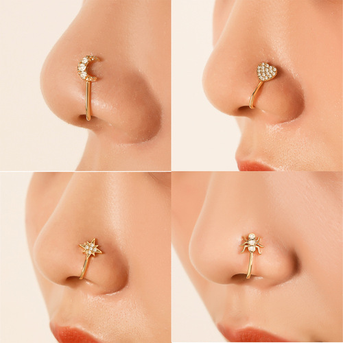Amazon style copper inlaid zirconia star false nose stud, exaggerated minimalist U-shaped non-piercing nose clip piercing accessory for women