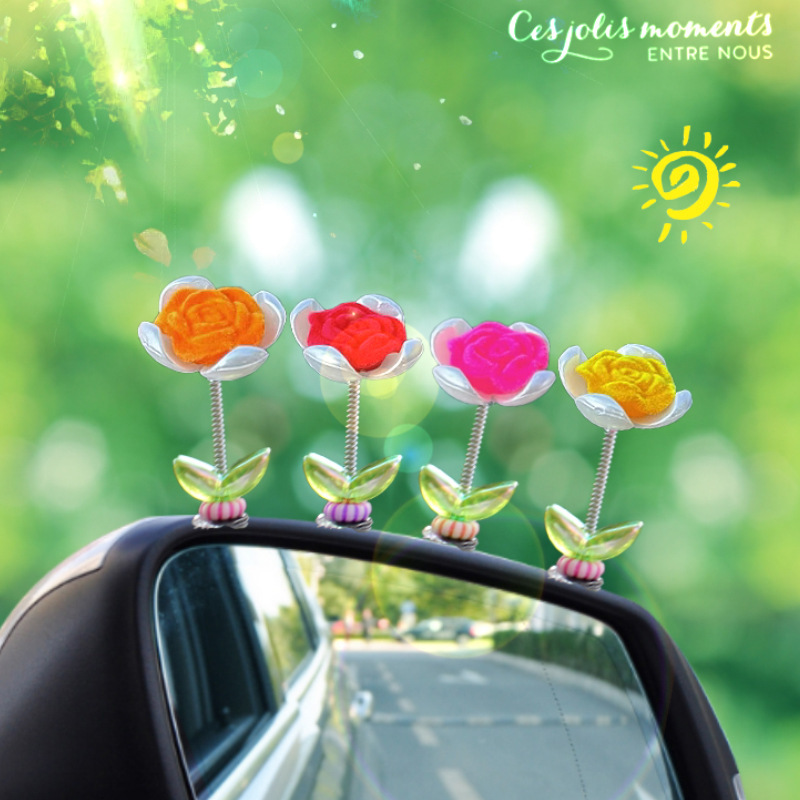 Tendencia nuevo producto flocado rosa coche sacudiendo la cabeza pequeños adornos decoración de primavera tablero accesorios de coche ventana