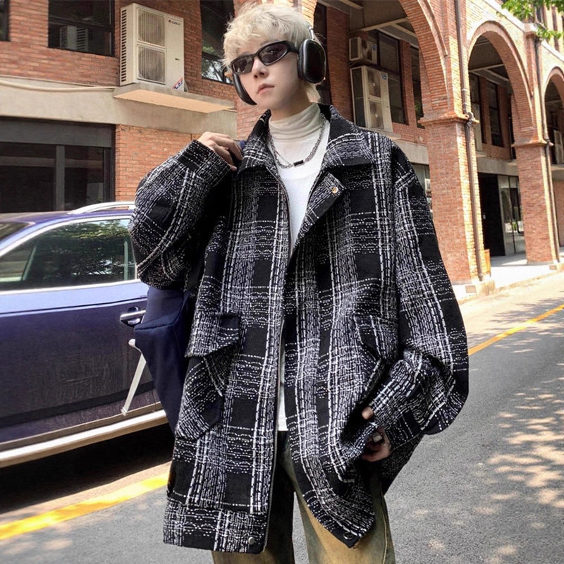 Tweed Style Plaid Jacket Men's Spring & Fall Houndstooth Shirt 2025 New High-End Men's Work Jacket Shirt