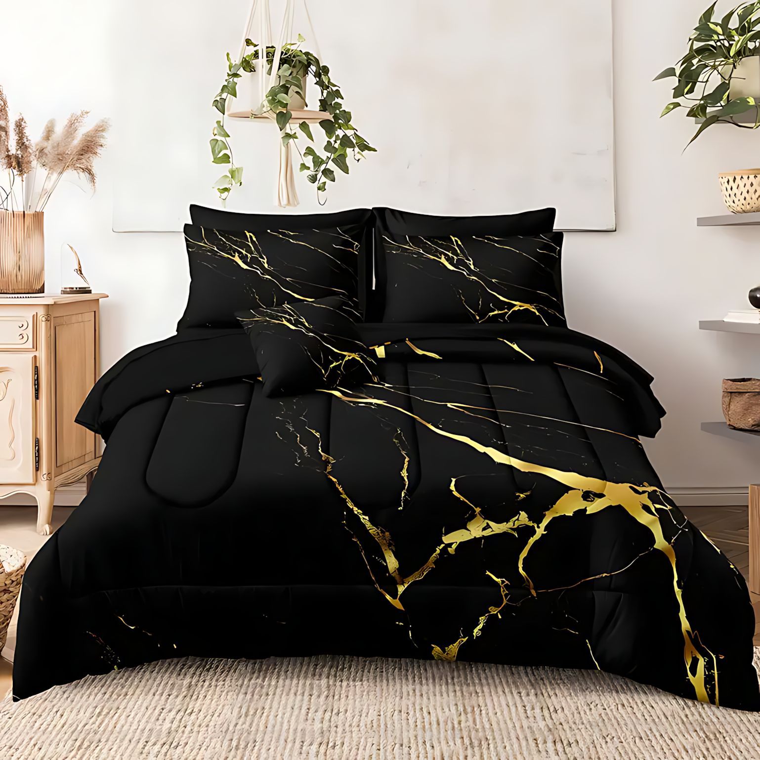 TEMU / JIT transfronterizo textil doméstico negro oro movimiento arena impresión digital 3D 180gms colcha colcha almohada set fuente fabricante