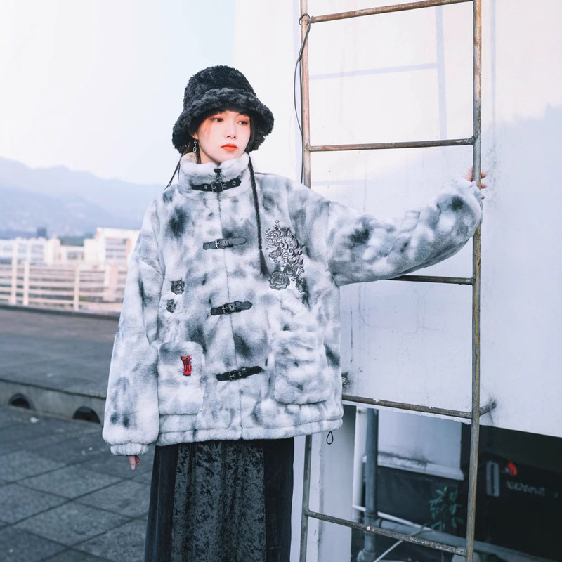 Factory Direct Supply Imitation Rabbit Velvet Jacket Men's and Women's Winter New Chinese Coat National Style Embroidered Fur Warm Top