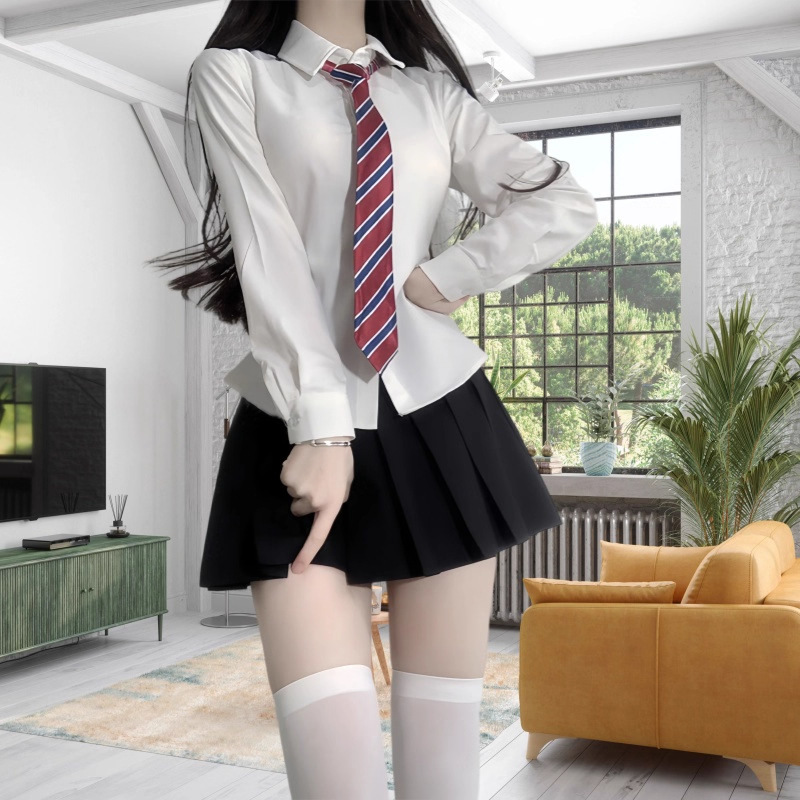 Japanese-Style College White Long-Sleeve Shirt for Women with Waist-Tie Blouse Jk Uniform Set Paired with Pleated Skirt