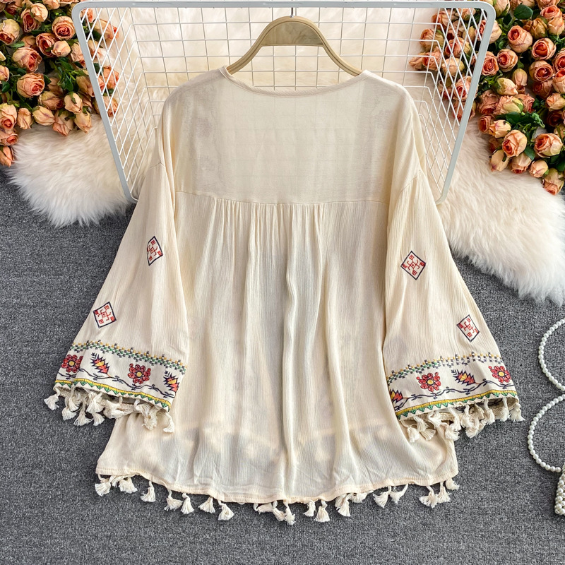 Dames bohemian artistieke retro chiffon cardigan zonder kraag, losvallend kanten shirt, lente 2023, gratis verzending_voghion.com
