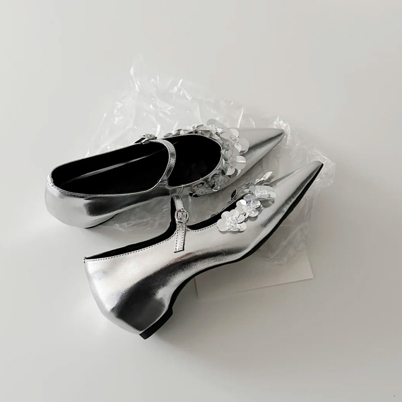Sheepskin Version ~ Pointed Toe Silver Sequin Flower Mary Jane Women's Shoes with One-Line Buckle and Shallow French Inner Heightening Shoes