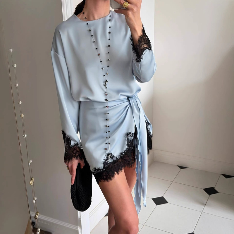 European and American Cross-Border Women's Clothing 2026 Summer New Style Elegant Round Neck Lace Splicing Long-Sleeved T-Shirt Shirt Top