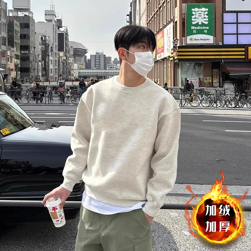 벨벳 스타일의 라이트 그레이 라운드넥 스웨트셔츠 - 솔리드 컬러 [GL]