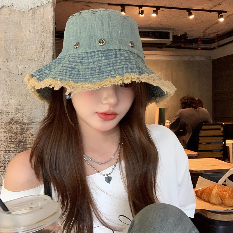 Retro japonés hace viejos sombreros de pescador de vaqueros de borde de lana para mujeres de verano versátil gorra grande para mostrar la cara pequeño sombrero solar