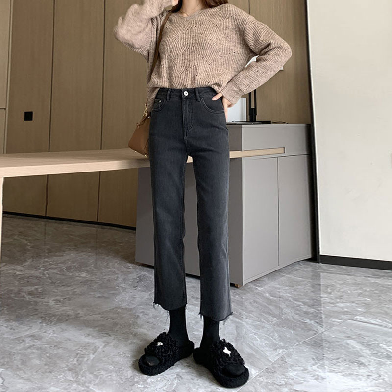 Black and Gray Straight-Leg Jeans for Women, 2026 Spring New Style, Petite High-Waisted Slimming Cropped Frayed Hem Cigarette Pants