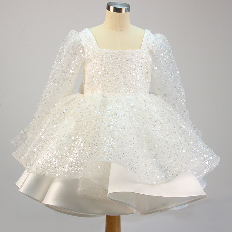 One-Year-Old Sequin Dress Princess Dress Tutu 2025 New White Long-Sleeved Flower Girl Birthday Catwalk Host Dress