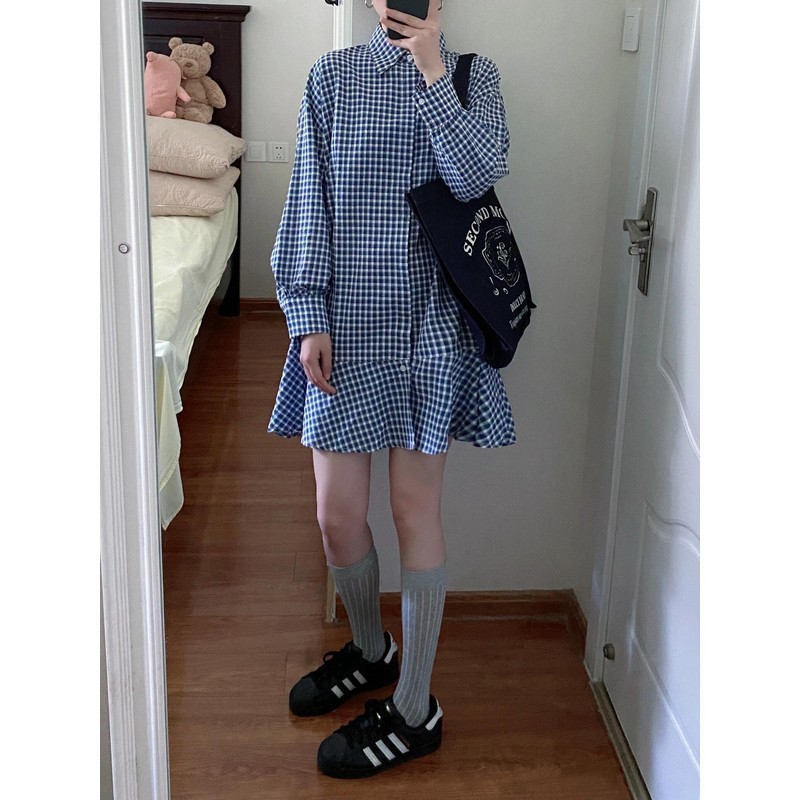 Shanlida Di Plus Size French Plaid Shirt Dress for Women, Loose and Elegant Long Sleeve P