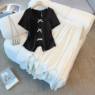 65-175kg Plus Size Women's Fat mm Summer New Square Neck Short-Sleeved T-Shirt Asymmetrical Skirt Small Fresh Suit