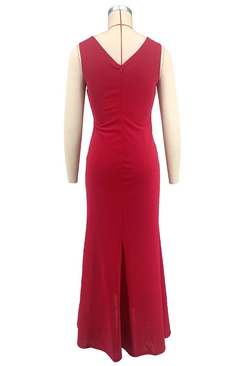 V neck Sleeveless Slim Fit Elegant Ruffled Split Long Evening Dress