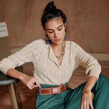 法式风情手工钩花两面穿一字领针织开衫棉质镂空灯笼袖外搭上衣