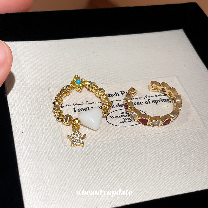 Bague ouverte en or véritable plaqué or avec zircon en forme de cœur et goutte d'huile, pour femme. Bague polyvalente et élégante pour l'index, à la fois tendance et simple._voghion.com