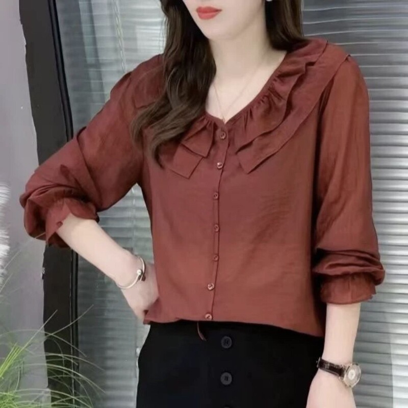 New autumn round-neck lace collar solid color slim-fit long-sleeve versatile top, fashionable drawstring stylish blouse