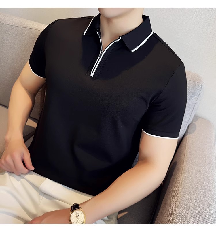 "Men's Slim-Fit Zip Polo Shirt – Breathable Cotton Short Sleeve With Embroidered Detail, Business Casual Summer Top (3 Colors, Sizes M-XXXXL)"_viptrois.com