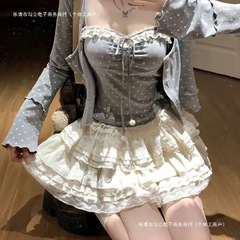 温柔甜美衬衫上衣三件套纯欲风半裙开衫吊带2025套装气质新款系带