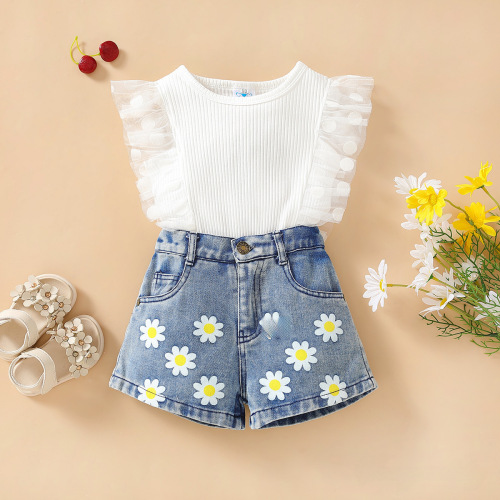 Wholesale Children's Apparel 2024 Summer New Girl's Set Toddler Clothing Top with Love Jeans Two-Piece Set