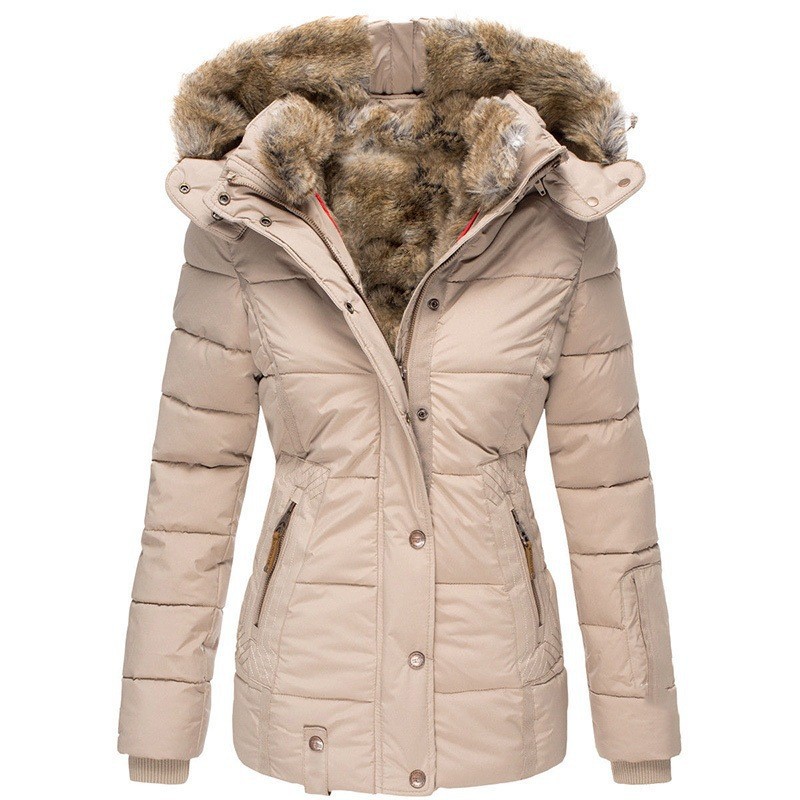 En stock Deseo Amazon invierno cálido Cuello de piel abrigo de algodón-acolchado cremallera de las mujeres de manga larga con capucha delgada abrigo de algodón-acolchado W128