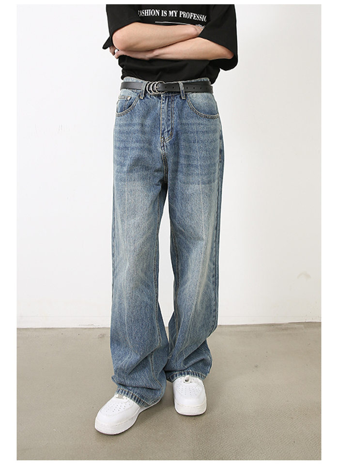 Quần jeans nam ống đứng dáng suông rộng, denim xử lý giặt retro phong cách Mỹ, quần dài mặc hằng ngày — Màu xanh lam chi tiết 8