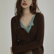 2025秋修身显瘦上衣小众时尚流行洋气假两件短款针织衫秋咖色均码