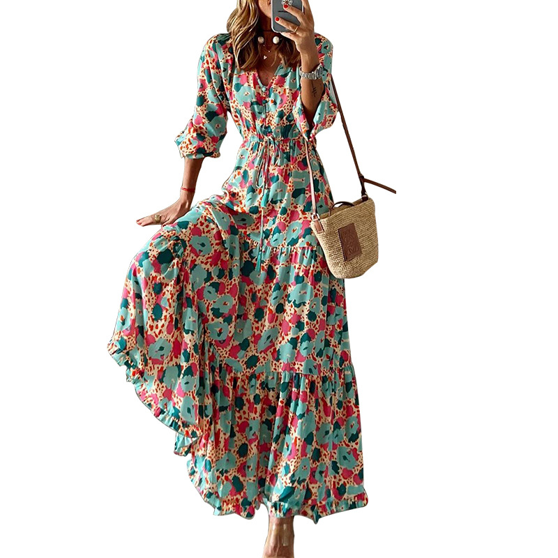 Women's A-line Skirt Elegant V Neck Printing Long Sleeve Color Block Maxi Long Dress Daily display picture 5