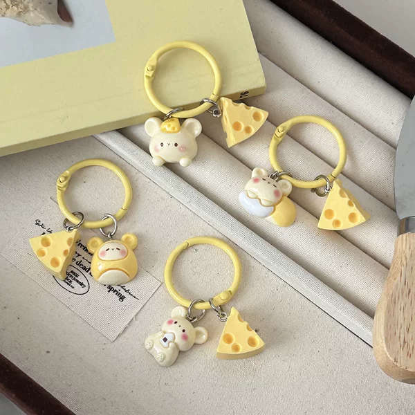 Cute cartoon cheese mouse ring keychain fun cheese pendant milk almost soft adorable schoolbag accessories wholesale