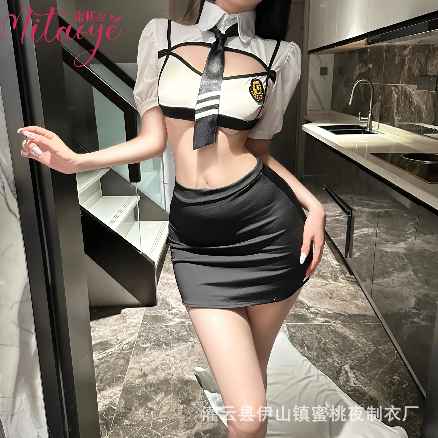 Sexy Lingerie Sexy Cut Out Cospaly Stewardess Cosplay Hot Split Short-Sleeved Top Hip-Covering Short Skirt