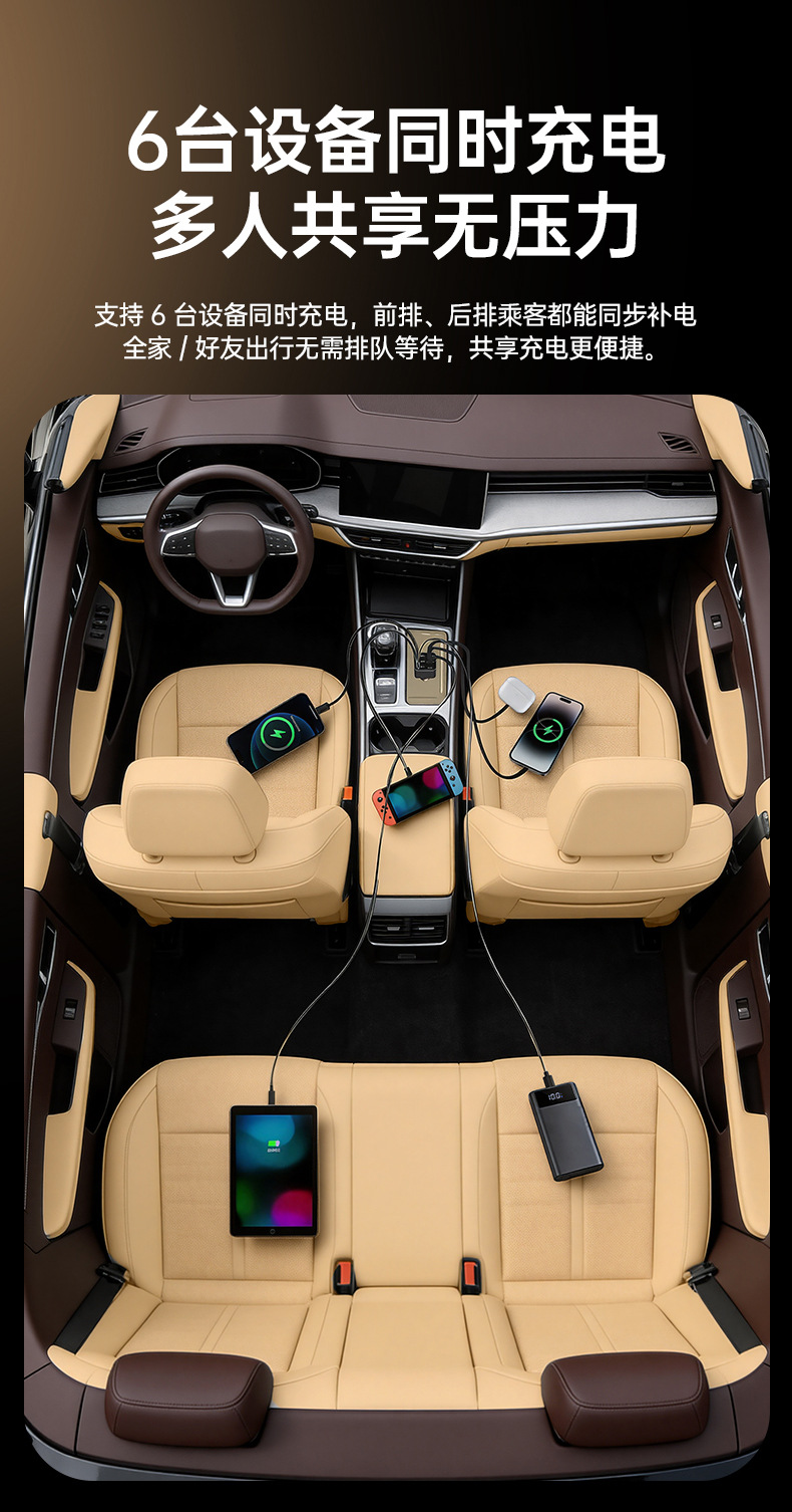 2026 New Model Three-Wire Six-in-One Car Charger Super Fast Charging Car Cigarette Lighter Adapter with Retractable Cable