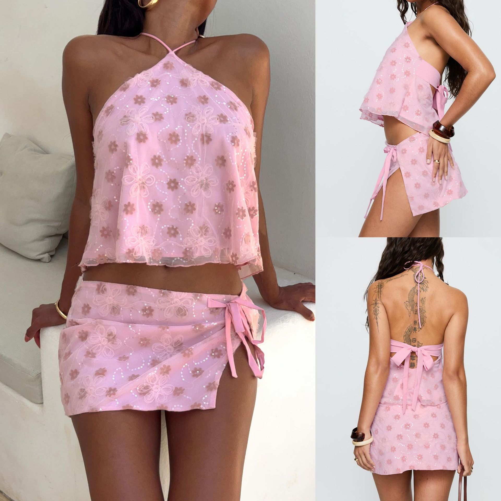 European and American Cross-Border Summer New Women's Clothing Halterneck Lace-Up Short Top Slit Strap Skirt Suit Su4110