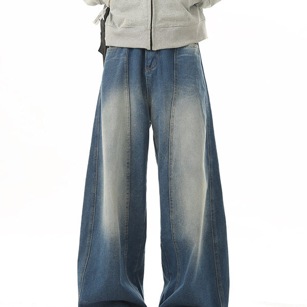 Sleccter American-Style Heavy-Duty Raw Edge Denim Jeans for Men, Trendy New Autumn Street Style Dark Blue Wide-Leg Pants