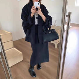 宽松大码时尚轻奢青果领阔版高品质秋冬新款女士双面羊毛大衣外套