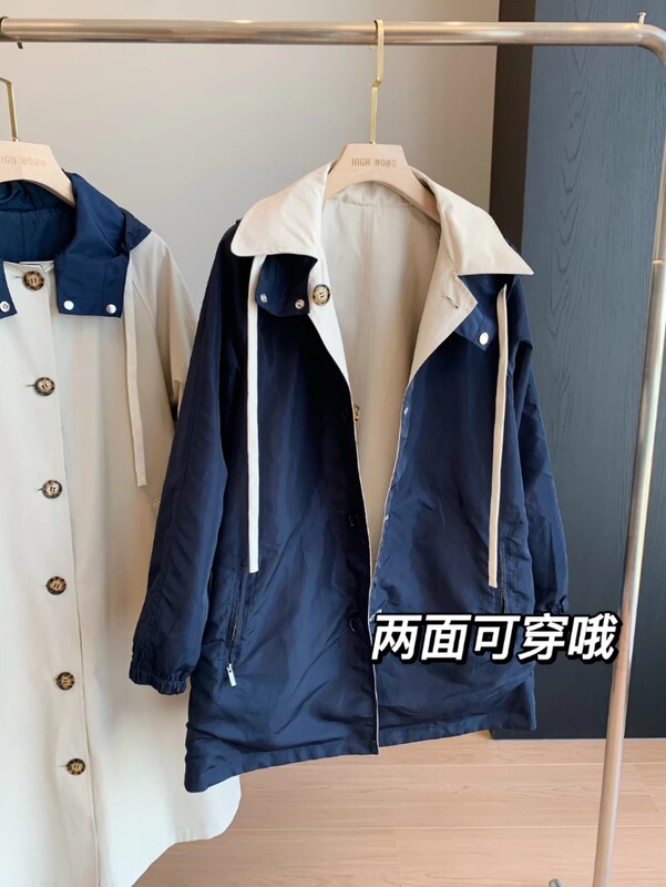 宝藏风衣！双面可穿休闲长款中长款夹克外套气质连帽风衣女秋季新|undefined