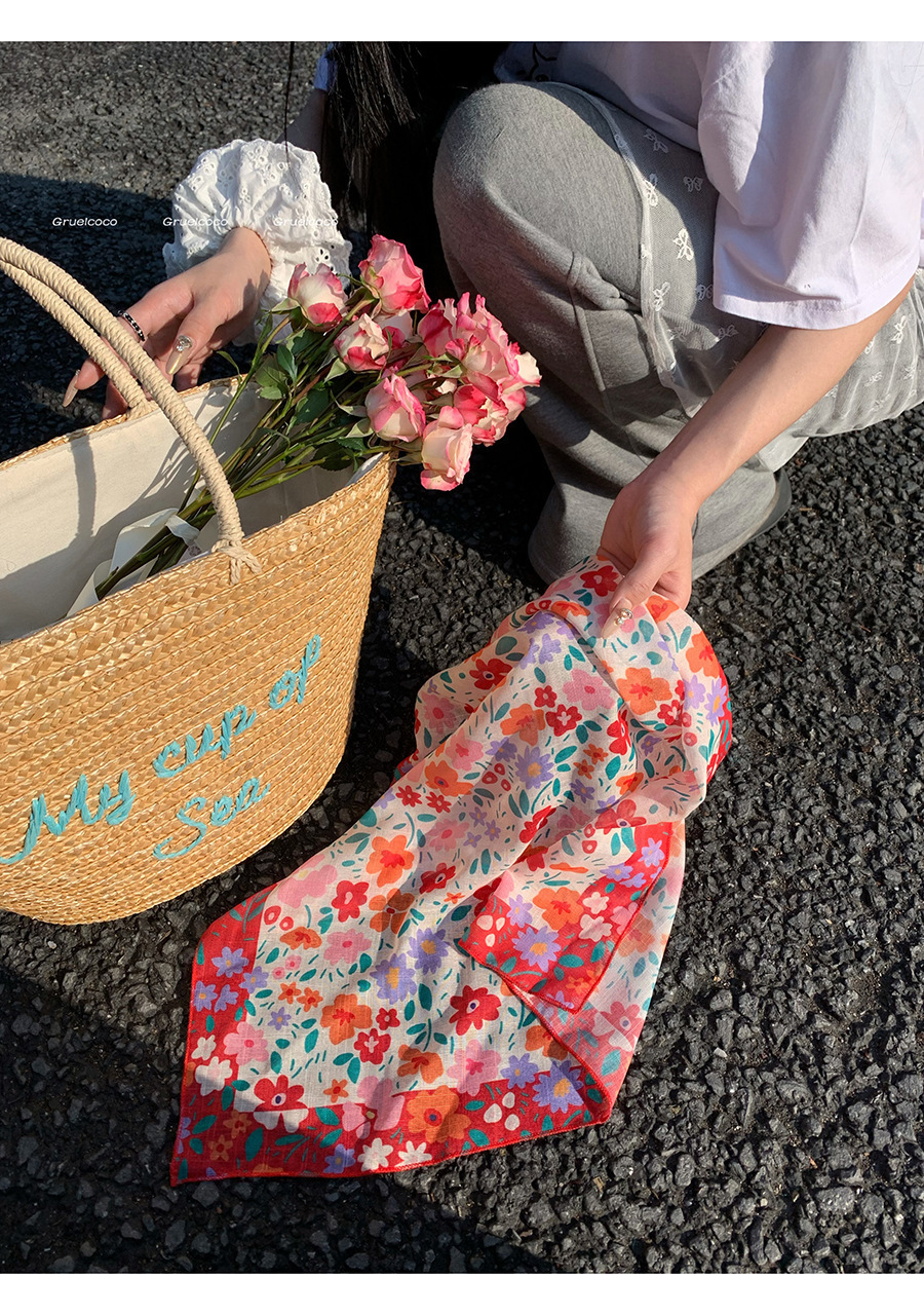 Spring summer new thin countryside style flower for women's artistic headwear, sunscreen and face covering small square_voghion.com