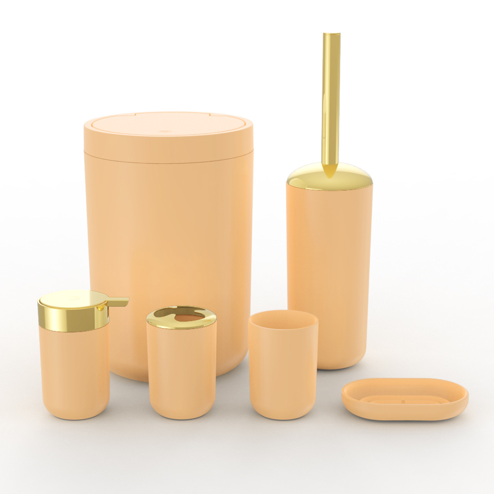 Plástico de color sólido chapado en oro seis piezas conjunto de cepillo de dientes caja de jabón cepillo de inodoro almacenamiento baño conjunto de lavado