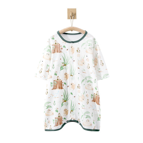 Baby pajamas, thin summer style, air-conditioned room belly-protecting onesie, unisex cotton long-sleeved sleepwear with button opening to prevent kicking