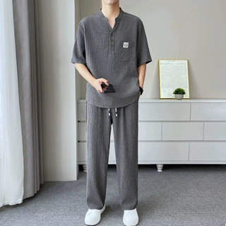 男士冰丝褶皱立领短袖套装 宽松垂感透气休闲两件套夏季薄款
