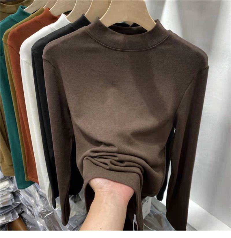 Koszula damska z grubym polarem, małym stójkowym kołnierzykiem, przyjemna dla skóry, wygodna i dopasowana, z długim rękawem_voghion.com