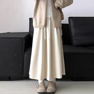 Pregnant Women's Drawstring Pleated Skirt Autumn and Winter 2024 New Pear-shaped Body Slimming A- line Umbrella Skirt Mid-length Skirt
