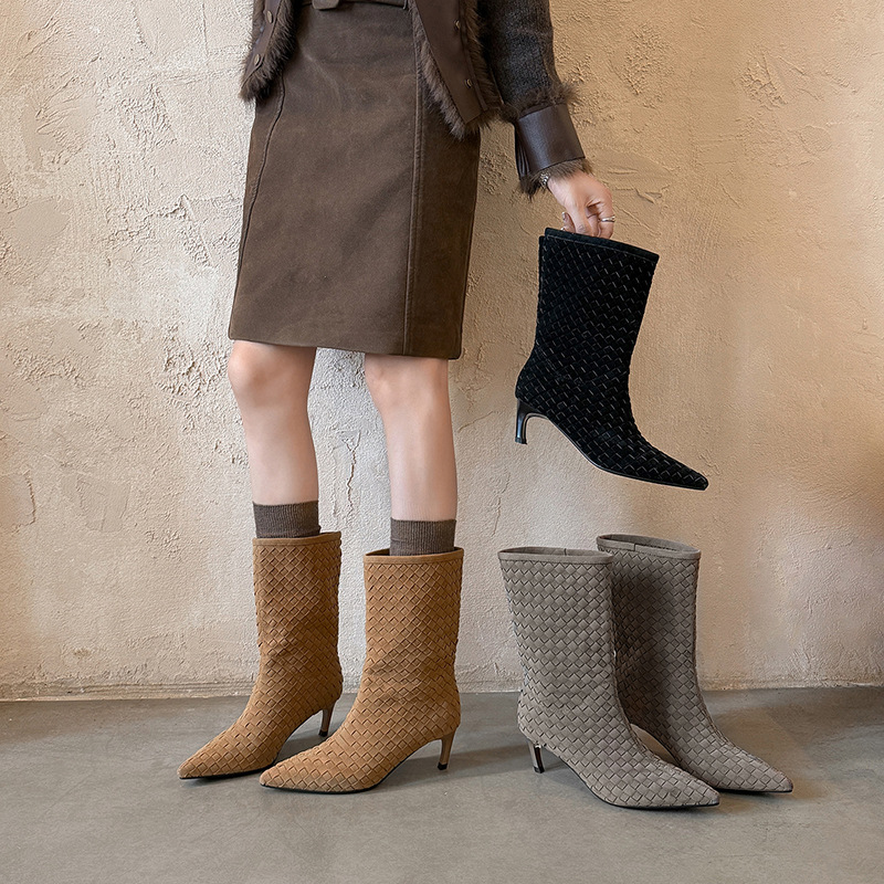 5.5cm small high heel woven plaid short boots for women with thin…