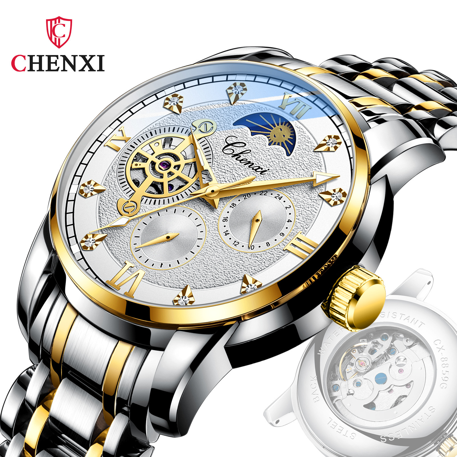 CHENXI reloj casual reloj mecánico automático de los hombres fase lunar nueva mariposa hebilla correa de acero hueco-hacia fuera transparente inferior