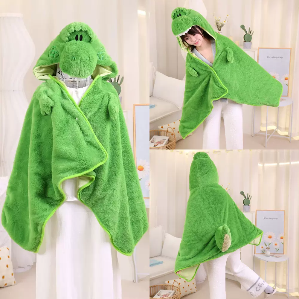 卡通可爱气囊可动抱抱龙连帽披风毯子学生加厚保暖午睡斗篷空调毯