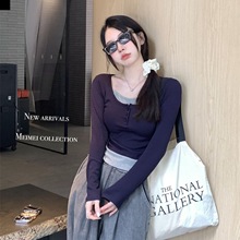 撞色拼接假两件长袖t恤女春秋修身高腰内搭短款打底衫带胸垫