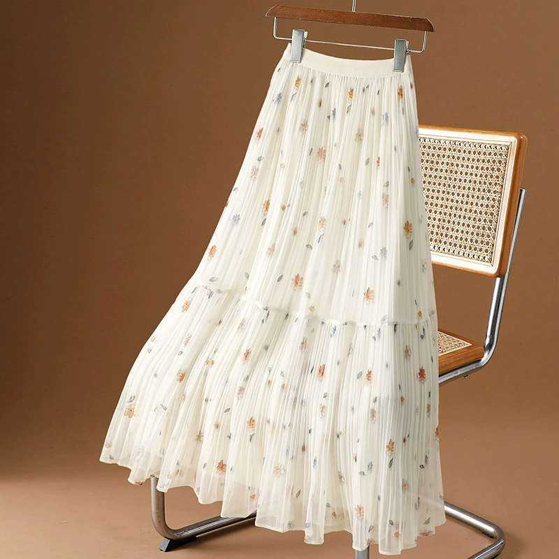 Весна и лето 2024, новая сетчатая юбка-торт, маленькая юбка с цветочным принтом, нежная длинная юбка феи, плиссированная юбка, юбка трапециевидной формы