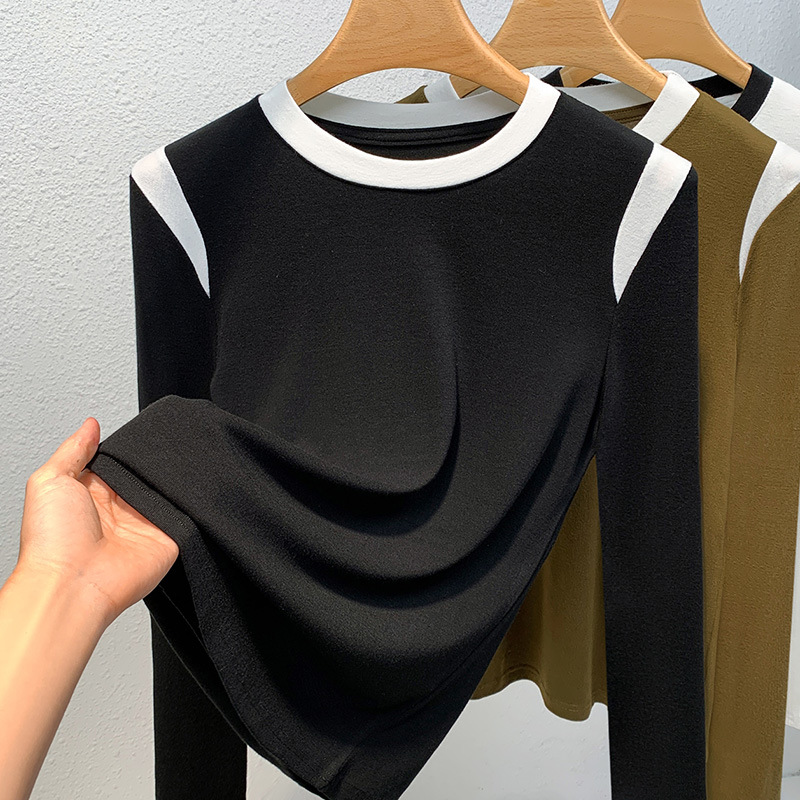 Camisa de fondo de hilo de mujer 2023 nueva ropa de mujer europea contraste color cuello redondo manga larga Camiseta cintura-apretado interior estilo occidental superior