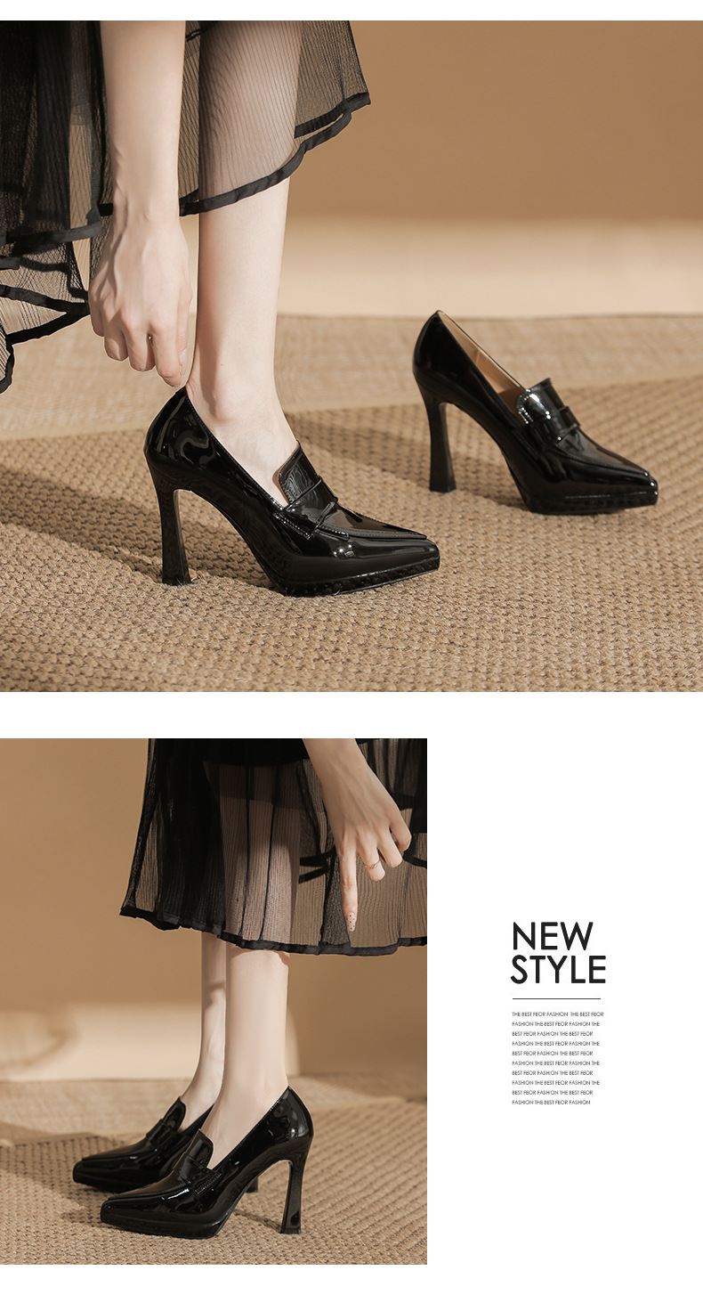 Giày cao gót mũi nhọn preppy đế xuồng chống thấm nước — nhung đen chi tiết 4